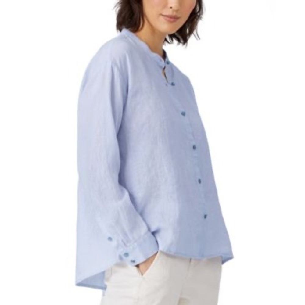 Eileen Fisher Organic Handkerchief Linen‎ Mandarin Collar Button Shirt Blue S
